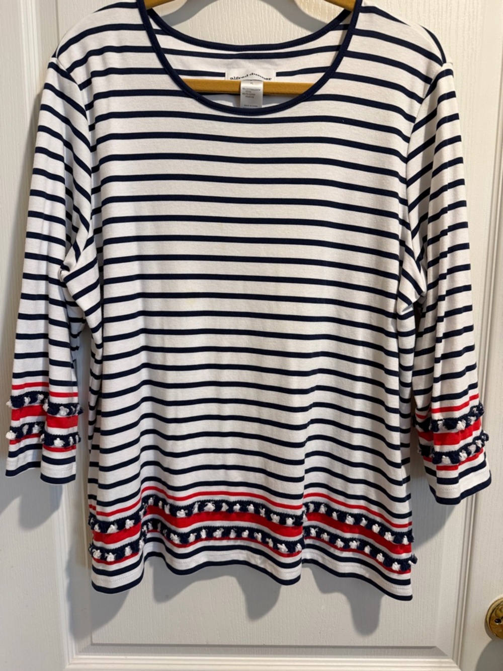 Alfred Dunner Navy & White Striped Long Sleeve Top with Red Trim
